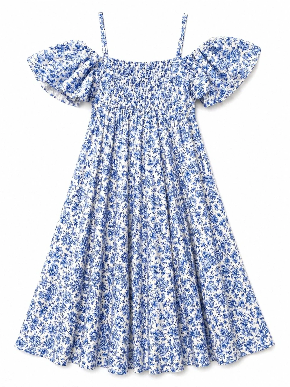 AQUA Boho Collection Blue Floral Off-Shoulder Maxi Cotton Dress - Picture 5 of 13